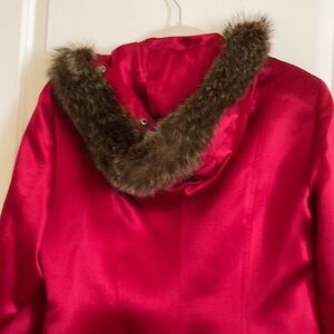 Worth red silk jacket with detachable fur around hood. EUC